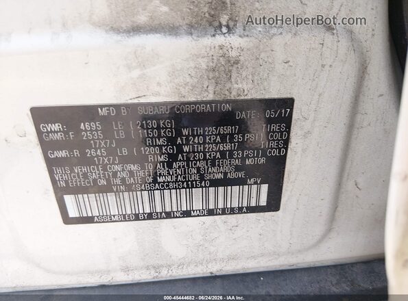 4S4BSACC8H3411540 2017 SUBARU OUTBACK White Vista del compartimento del motor