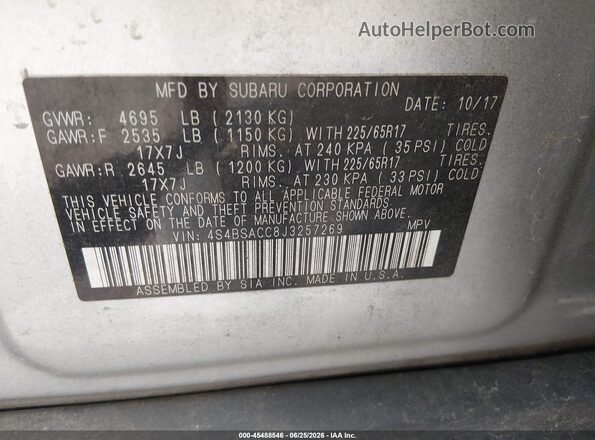4S4BSACC8J3257269 2018 SUBARU OUTBACK Серебряный Вид подкапотного пространства