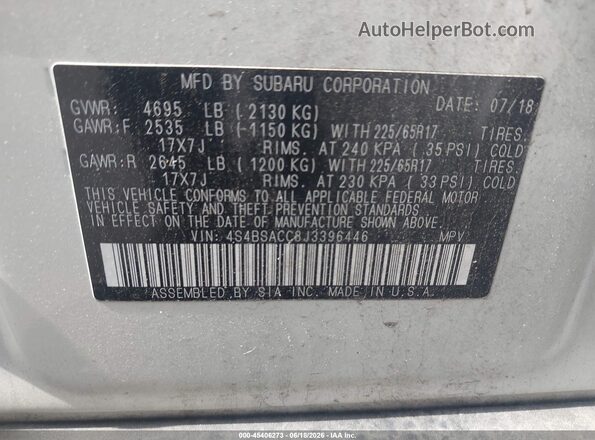 4S4BSACC8J3396446 2018 SUBARU OUTBACK White ძრავის განყოფილების ხედი