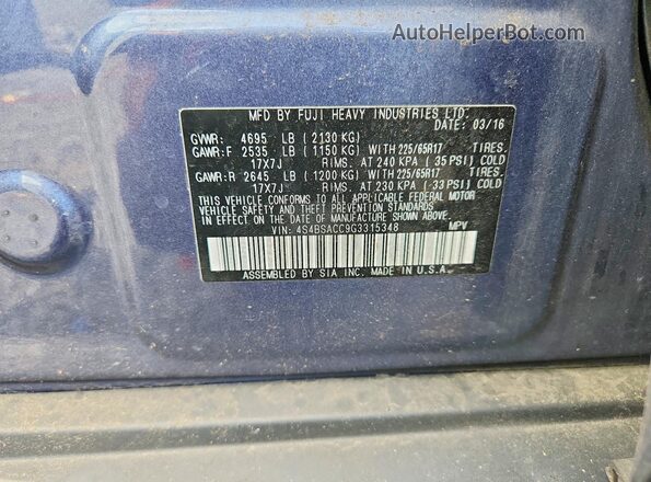 4S4BSACC9G3315348 2016 SUBARU OUTBACK Синий Вид наклейки с VIN-кодом