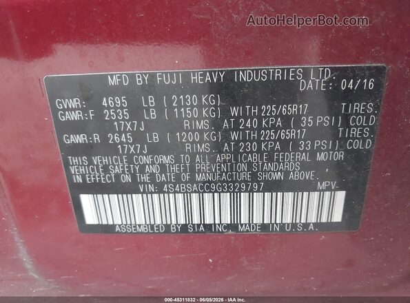 4S4BSACC9G3329797 2016 SUBARU OUTBACK Red Widok komory silnika
