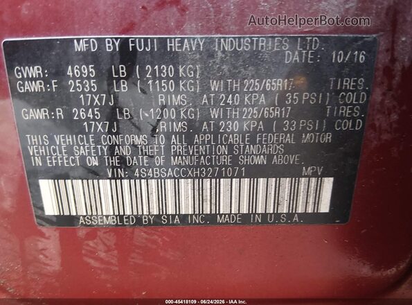 4S4BSACCXH3271071 2017 SUBARU OUTBACK Red ძრავის განყოფილების ხედი