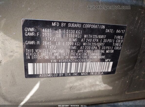 4S4BSACCXH3399262 2017 SUBARU OUTBACK Green Вид підкапотного простору