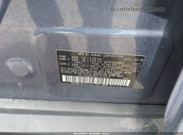 4S4BSADC4J3335559 2018 SUBARU OUTBACK Blue Շարժիչի բաժամունքի տեսք