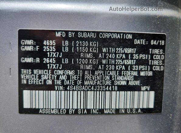 4S4BSADC4J3354418 2018 SUBARU OUTBACK Silver Widok wnętrza 360 stopni