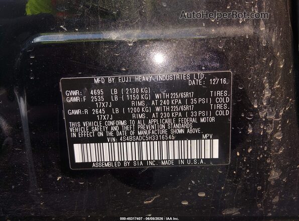 4S4BSADC5H3316545 2017 SUBARU OUTBACK Черный Вид подкапотного пространства