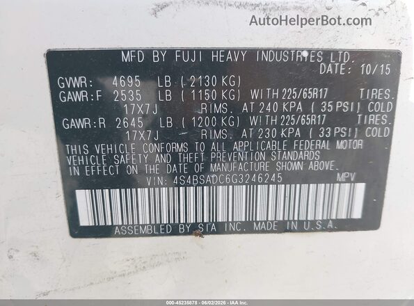 4S4BSADC6G3246245 2016 SUBARU OUTBACK Белый Вид подкапотного пространства