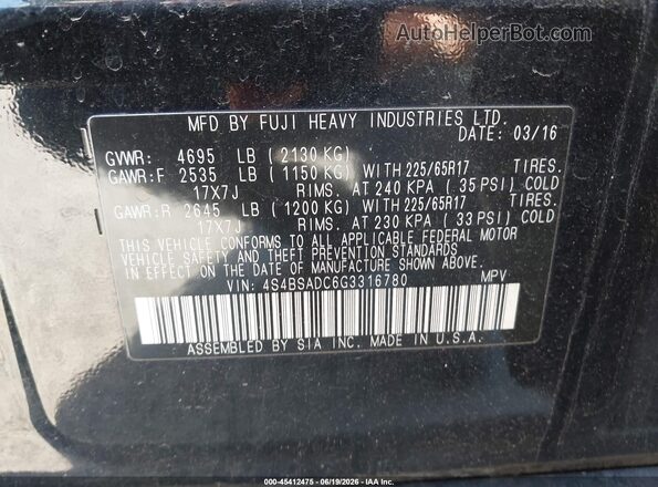 4S4BSADC6G3316780 2016 SUBARU OUTBACK Black Widok komory silnika