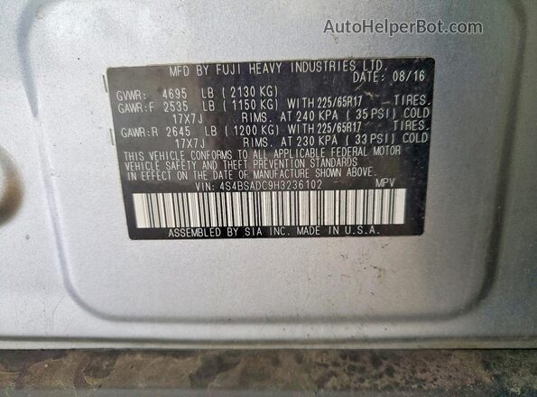 4S4BSADC9H3236102 2017 SUBARU OUTBACK Silver Vista de la etiqueta del VIN