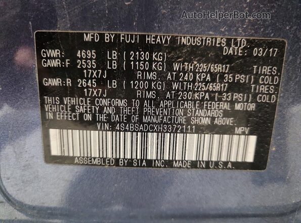 4S4BSADCXH3372111 2017 SUBARU OUTBACK Синий 