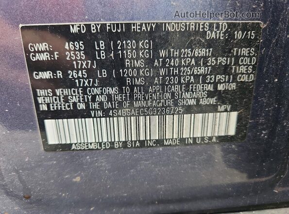 4S4BSAEC5G3236725 2016 SUBARU OUTBACK Синий 