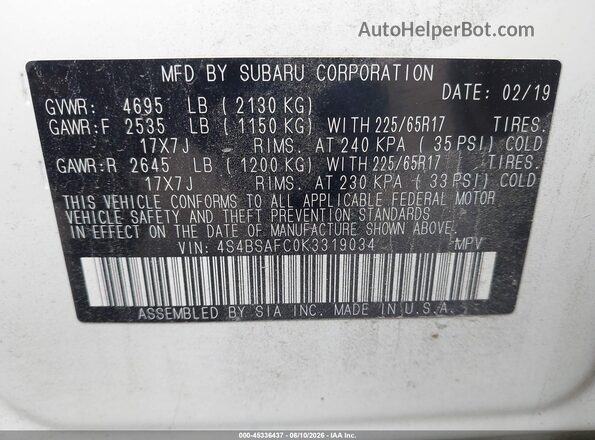 4S4BSAFC0K3319034 2019 SUBARU OUTBACK White ძრავის განყოფილების ხედი