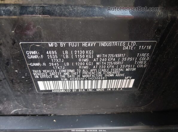 4S4BSAFC1H3306981 2017 SUBARU OUTBACK Black Widok komory silnika