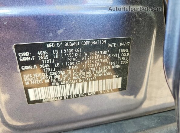 4S4BSAFC1H3388453 2017 SUBARU OUTBACK Blue Սալոնի 360 աստիճան տեսք
