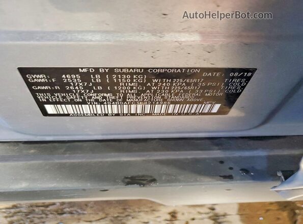 4S4BSAFC1K3214986 2019 SUBARU OUTBACK Silver VIN კოდის სტიკერის ხედი