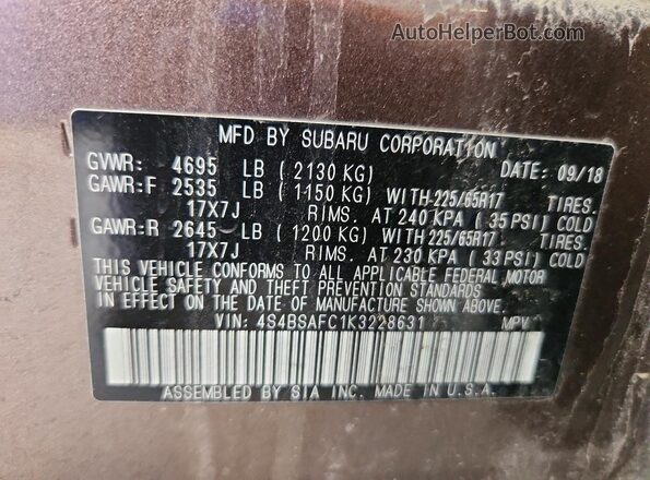 4S4BSAFC1K3228631 2019 SUBARU OUTBACK Brown Vista del compartimento del motor