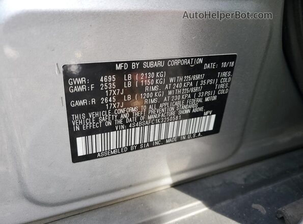 4S4BSAFC1K3250581 2019 SUBARU OUTBACK Gray Vista del compartimento del motor