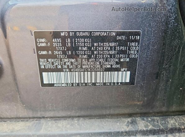 4S4BSAFC1K3259507 2019 SUBARU OUTBACK Charcoal Engine compartment view