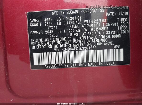 4S4BSAFC1K3261239 2019 SUBARU OUTBACK Red Вид підкапотного простору