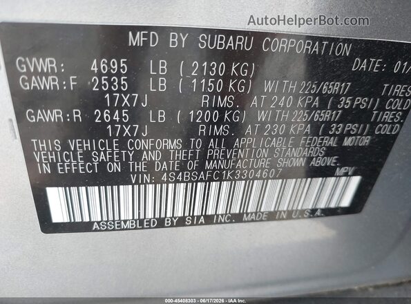 4S4BSAFC1K3304607 2019 SUBARU OUTBACK Silver Widok komory silnika