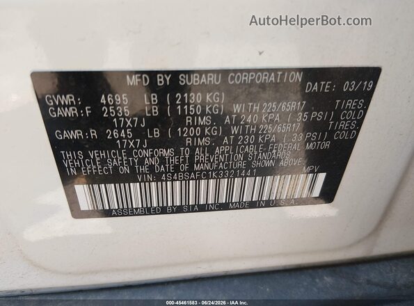 4S4BSAFC1K3321441 2019 SUBARU OUTBACK White Вид підкапотного простору