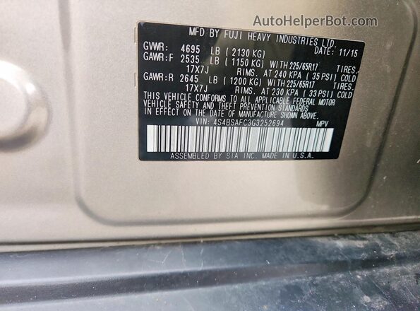 4S4BSAFC3G3252694 2016 SUBARU OUTBACK Beige Widok naklejki z numerem VIN