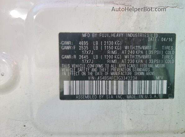 4S4BSAFC3G3342234 2016 SUBARU OUTBACK White VIN sticker view