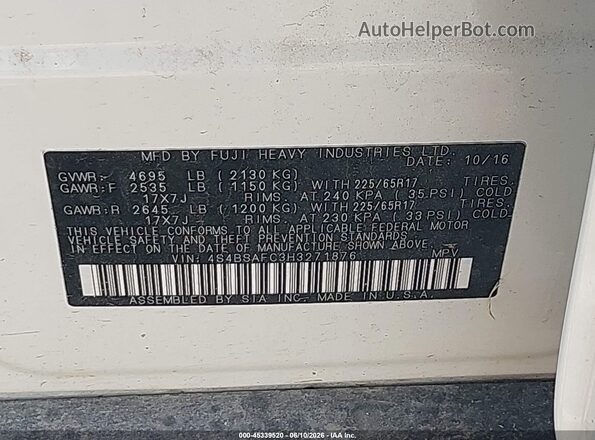 4S4BSAFC3H3271876 2017 SUBARU OUTBACK White Vista del compartimento del motor