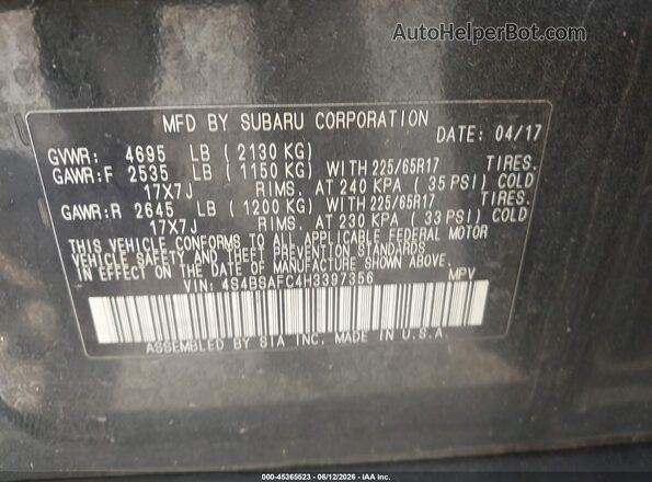 4S4BSAFC4H3397356 2017 SUBARU OUTBACK Black Вид підкапотного простору