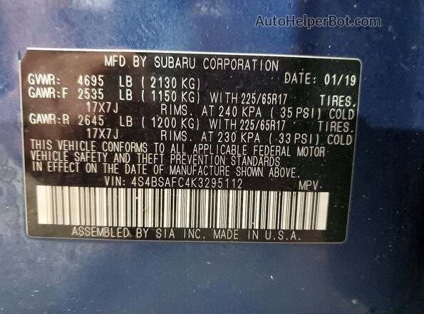 4S4BSAFC4K3295112 2019 SUBARU OUTBACK Blue 