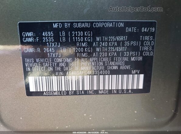 4S4BSAFC4K3354000 2019 SUBARU OUTBACK Green Engine compartment view