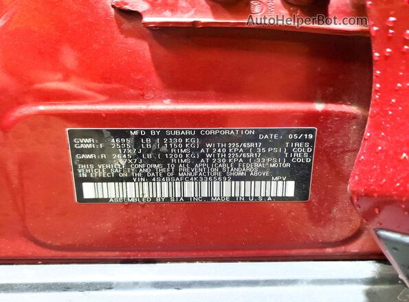 4S4BSAFC4K3365692 2019 SUBARU OUTBACK Maroon Widok wnętrza 360 stopni
