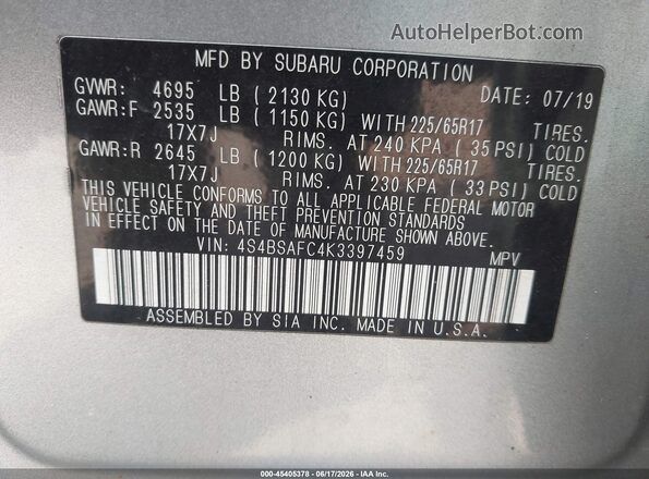 4S4BSAFC4K3397459 2019 SUBARU OUTBACK Silver Вид підкапотного простору