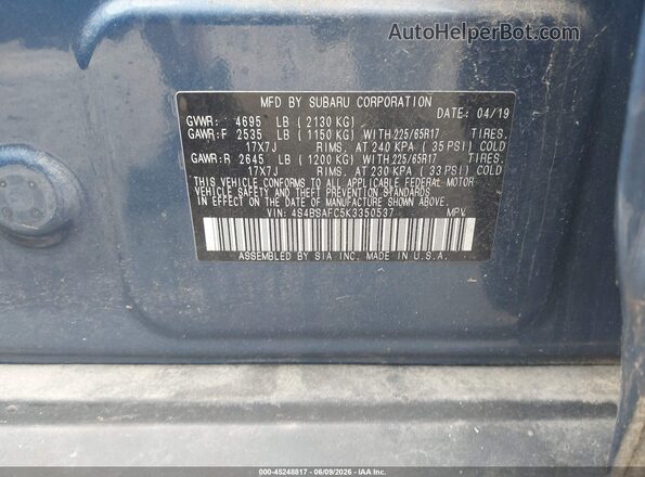 4S4BSAFC5K3350537 2019 SUBARU OUTBACK Light Blue ძრავის განყოფილების ხედი