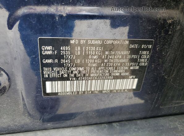 4S4BSAFC6J3293988 2018 SUBARU OUTBACK Blue Вид наклейки з VIN-кодом