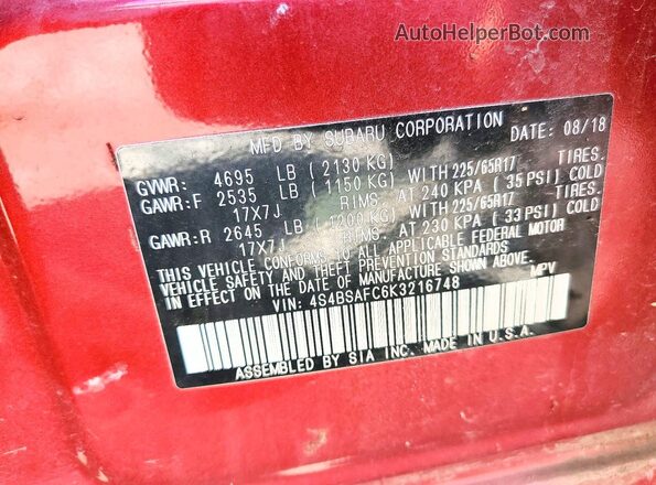 4S4BSAFC6K3216748 2019 SUBARU OUTBACK Red VIN կոդի պիտակի տեսք