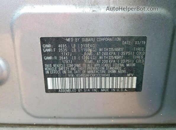 4S4BSAFC6K3328840 2019 SUBARU OUTBACK Silver სალონის 360-გრადუსიანი ხედი