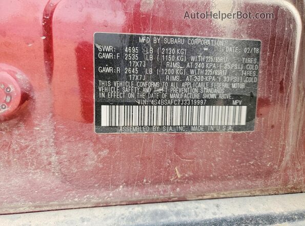 4S4BSAFC7J3319997 2018 SUBARU OUTBACK Red VIN sticker view