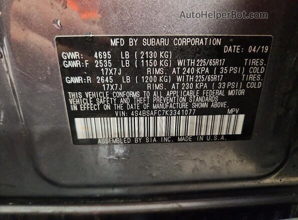 4S4BSAFC7K3341077 2019 SUBARU OUTBACK Gray Вид наклейки з VIN-кодом