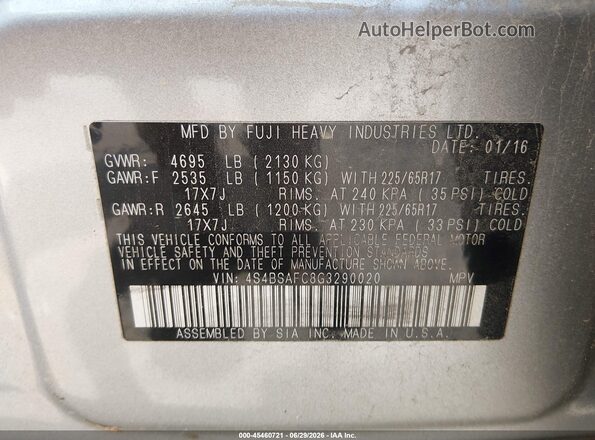 4S4BSAFC8G3290020 2016 SUBARU OUTBACK Gray Вид підкапотного простору