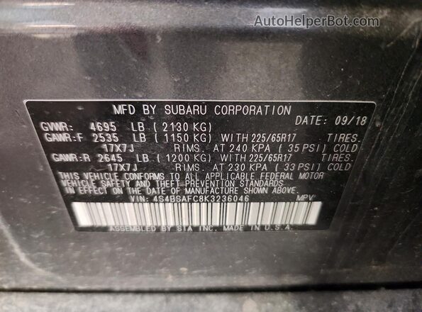 4S4BSAFC8K3236046 2019 SUBARU OUTBACK Gray სალონის 360-გრადუსიანი ხედი