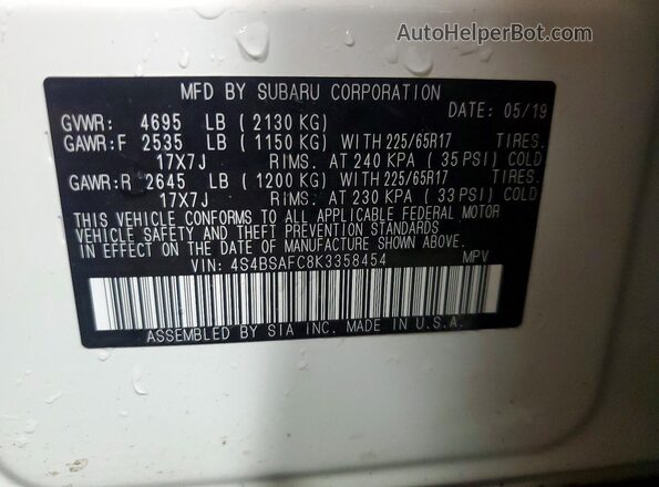 4S4BSAFC8K3358454 2019 SUBARU OUTBACK White VIN კოდის სტიკერის ხედი
