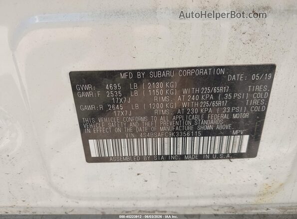 4S4BSAFC9K3356115 2019 SUBARU OUTBACK Белый Вид подкапотного пространства