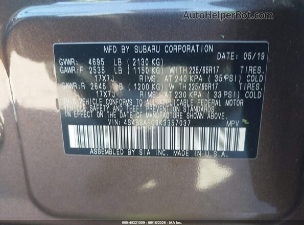 4S4BSAFC9K3357037 2019 SUBARU OUTBACK Brown 