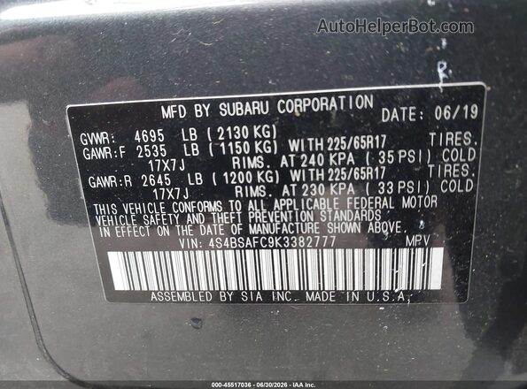 4S4BSAFC9K3382777 2019 SUBARU OUTBACK Black Вид підкапотного простору