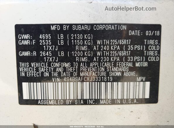 4S4BSAFCXJ3331819 2018 SUBARU OUTBACK White Vista del compartimento del motor