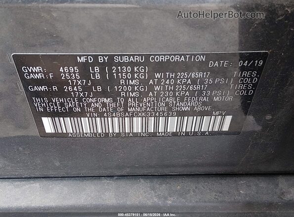 4S4BSAFCXK3345639 2019 SUBARU OUTBACK Gray 