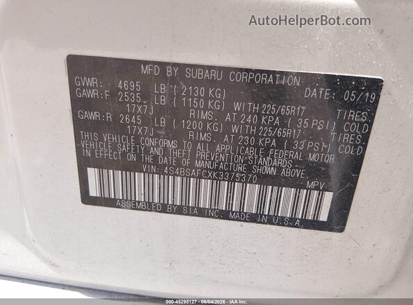 4S4BSAFCXK3375370 2019 SUBARU OUTBACK White Շարժիչի բաժամունքի տեսք