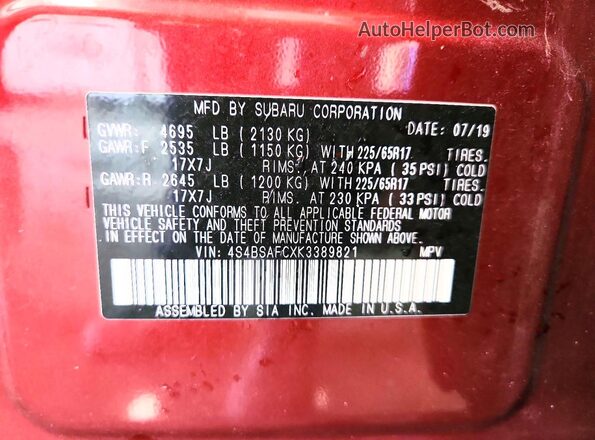 4S4BSAFCXK3389821 2019 SUBARU OUTBACK Темно-бордовый Вид подкапотного пространства