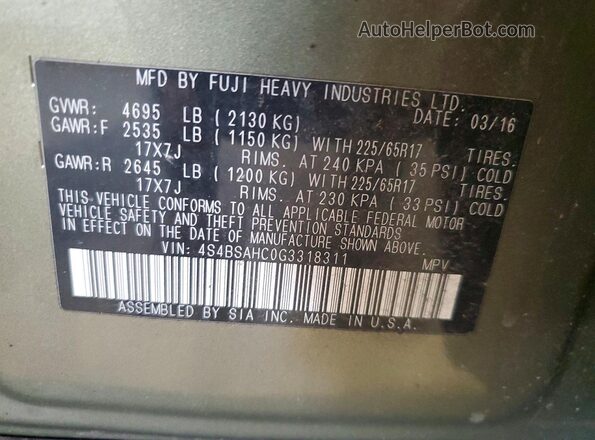 4S4BSAHC0G3318311 2016 SUBARU OUTBACK Gray Vista de la etiqueta del VIN